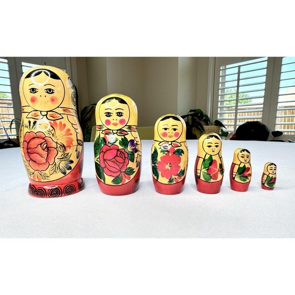 Other - Russian USSR Matryoshka Nesting Dolls 6pc Hand Painted 5" Rose
